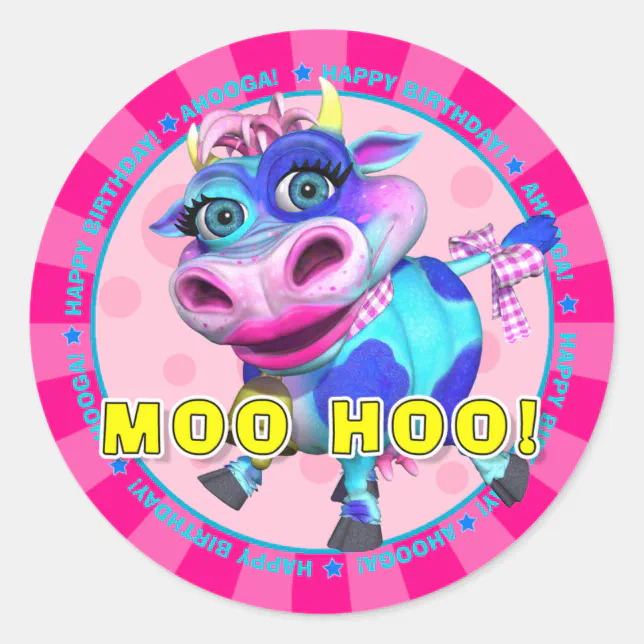 MOO HOO! Birthday Stickers with Kissy Moo | Zazzle