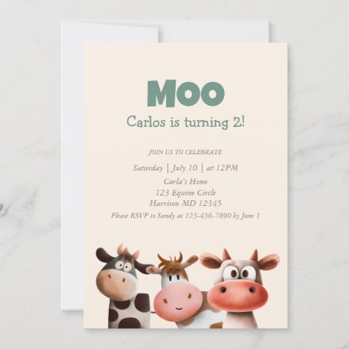 Moo Im Turning Two Cute Cow Second Birthday Invitation