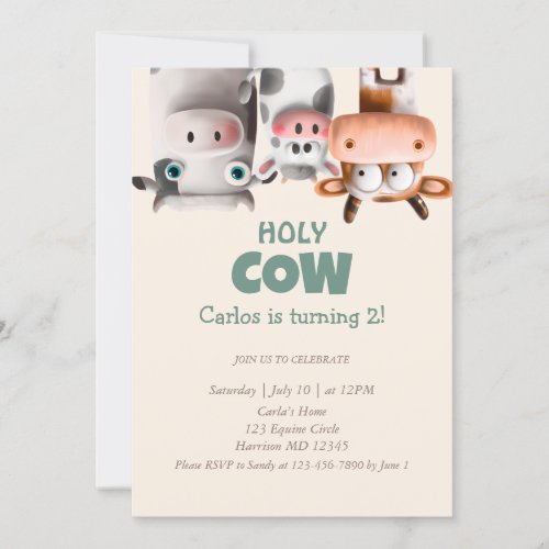 Moo Im Two Cartoon Cow Second Birthday Invitation