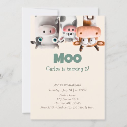 Moo Im Two Cute Cow Second Birthday Invitation