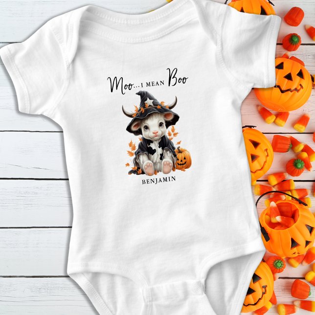 Moo I Mean Boo Cute Halloween Personalized Cow Baby Bodysuit (Creator Uploaded)