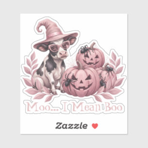 Moo I Mean Boo Cute Witch Cow & Pink Pumpkins Sticker