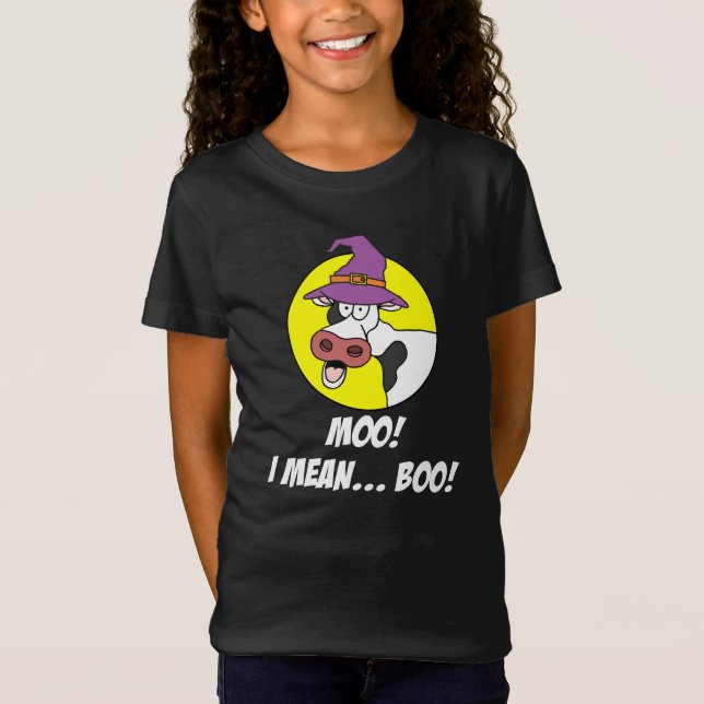 Moo I Mean Boo Halloween Cow Witch T-Shirt (Front)