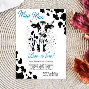 Moo moo cow black and blue cute cow birthday party invitation