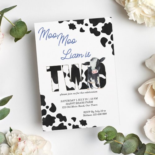 Moo moo cow black and blue cute cow birthday party invitation