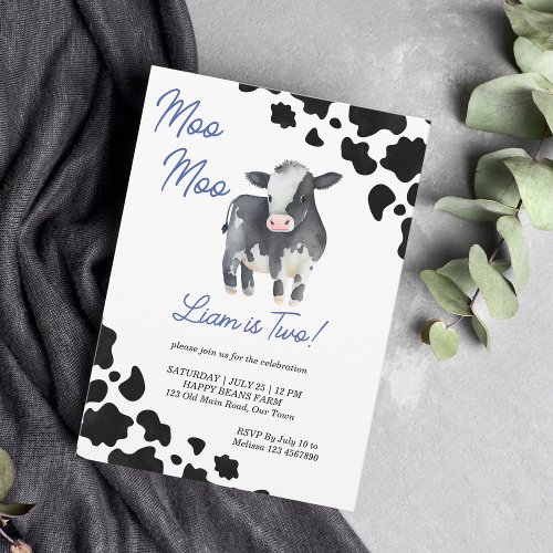 Moo moo cow black and blue cute cow birthday party invitation