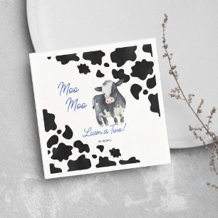 Moo moo cow black and blue cute cow birthday party napkins