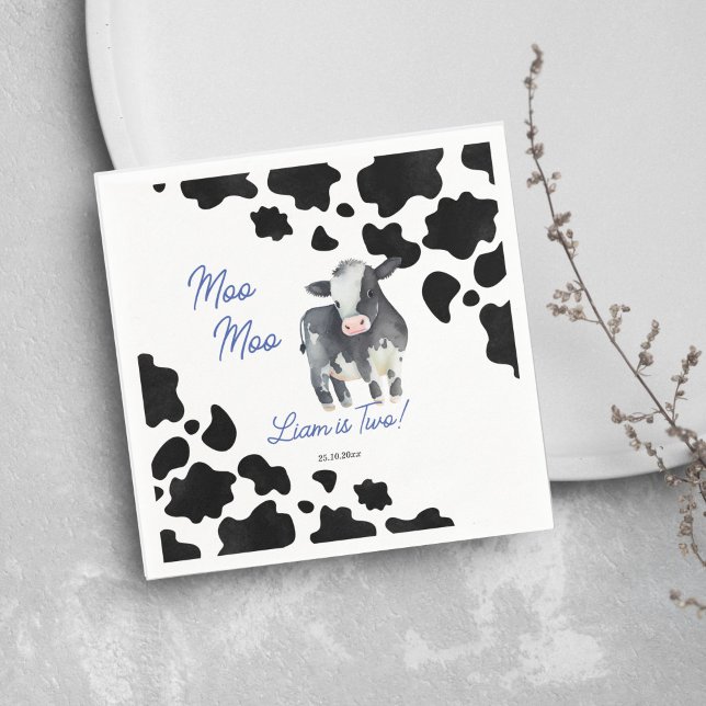 Moo moo cow black and blue cute cow birthday party napkins (Moo moo cow birthday party plates black and blue cute cow party tableware personalized napkins)