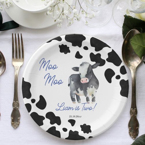 Moo moo cow black and blue cute cow birthday party paper plates