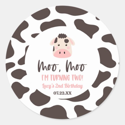 Moo Moo Im Turning Two Cow 2nd Birthday Party Classic Round Sticker