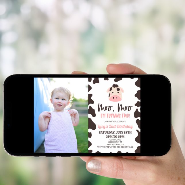 Moo Moo I'm Turning Two! Cow 2nd Birthday Party Invitation (Front Digital)
