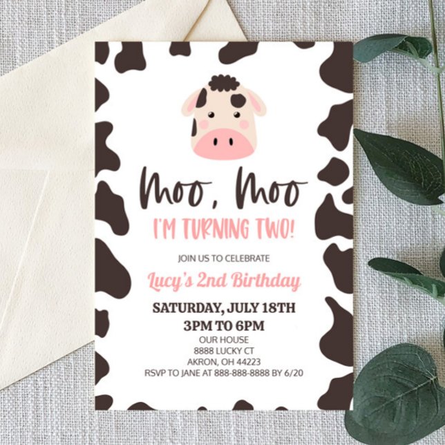Moo Moo I'm Turning Two! Cow 2nd Birthday Party Invitation (Creator Uploaded)