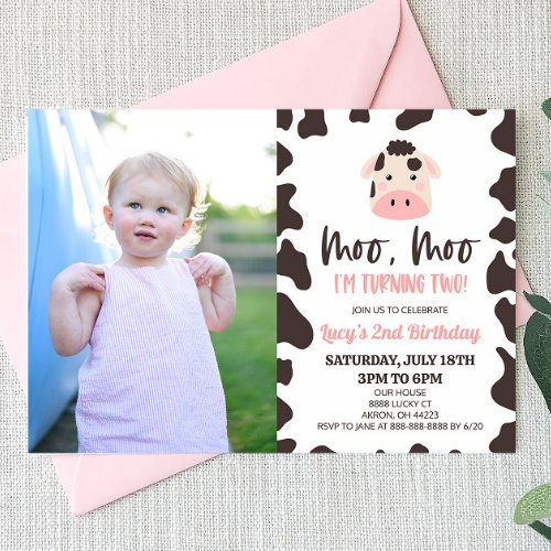 Moo Moo Im Turning Two Cow 2nd Birthday Party Invitation