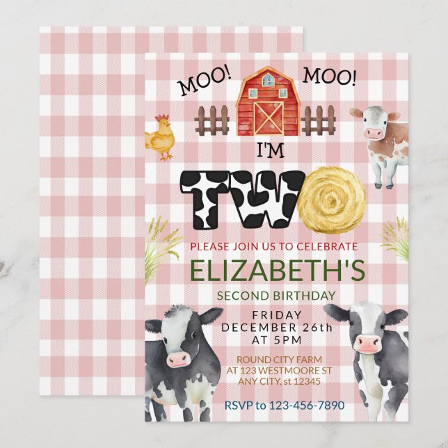 Moo Moo Im Two Cow 2nd Birthday  Invitation (Front/Back)