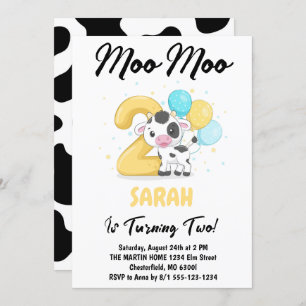 Moo Moo I'm Two Cow 2nd Birthday Party Invitation