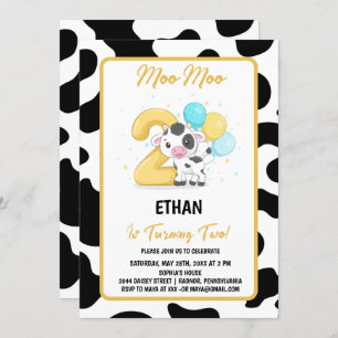 Moo Moo I'm Two Cow 2nd Birthday Party Invitation