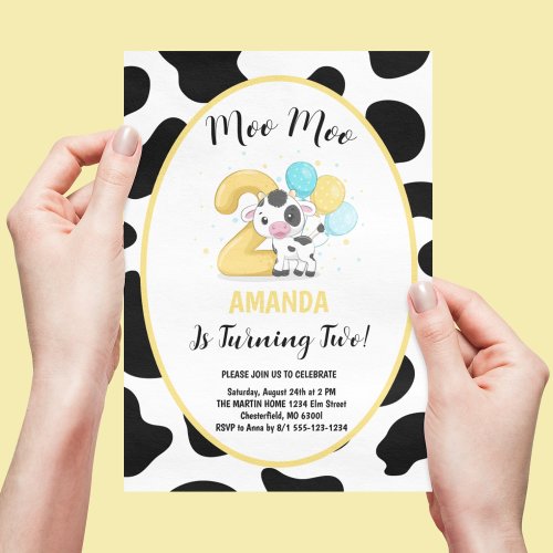 Moo Moo Im Two Cow 2nd Birthday Party Invitation