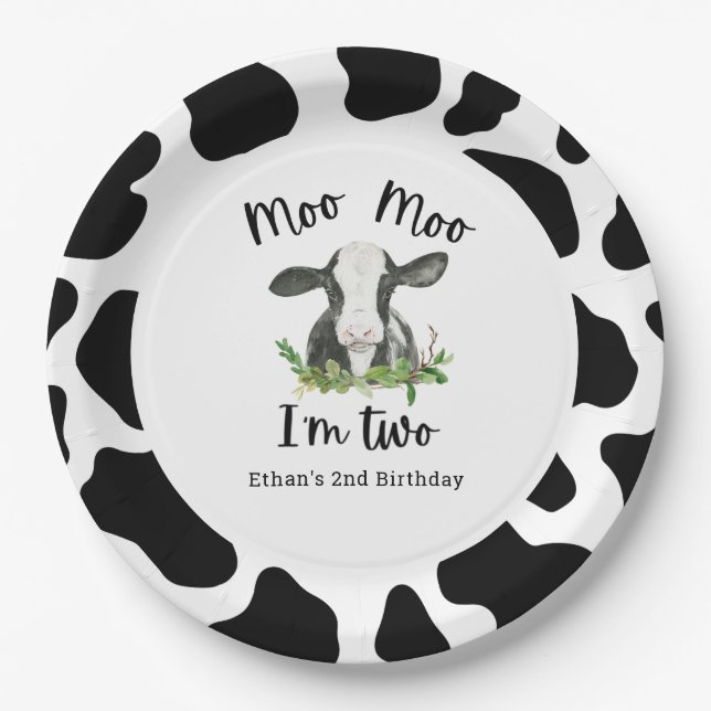 Moo Moo I'm Two Cow 2nd Birthday Party Paper Plates (Front)