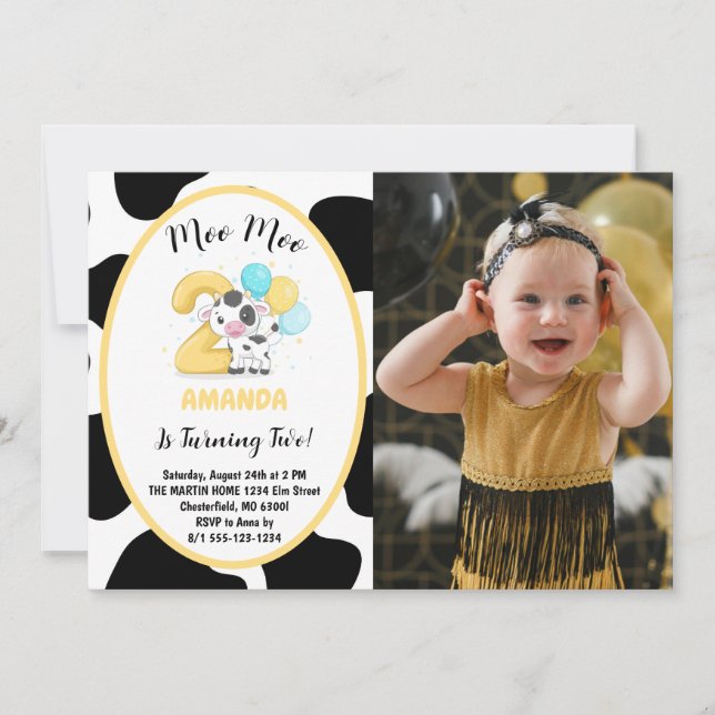 Moo Moo I'm Two Cow 2nd Birthday Photo Invitation (Front)