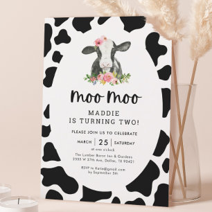 moo Moo I'm Two Cow Girl 2nd Birthday Party Invitation