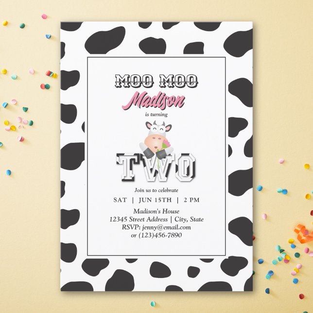 Moo Moo I'm Two Cow Print Farm Girl 2nd Birthday Invitation (Creator Uploaded)