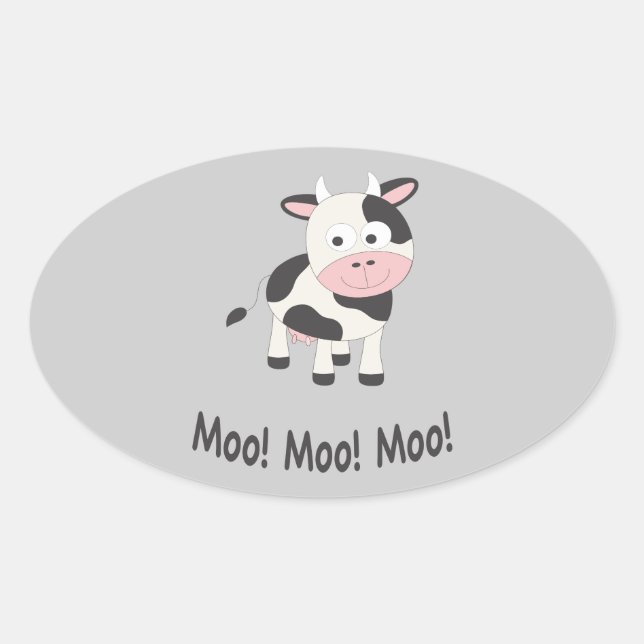 Moo Moo Moo Cute Cartoon Cow Oval Sticker (Front)
