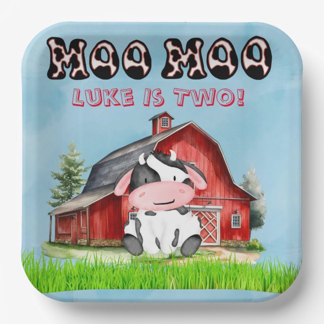 Moo Moo Name Is Two Kids Birthday Party Paper Plates (Front)