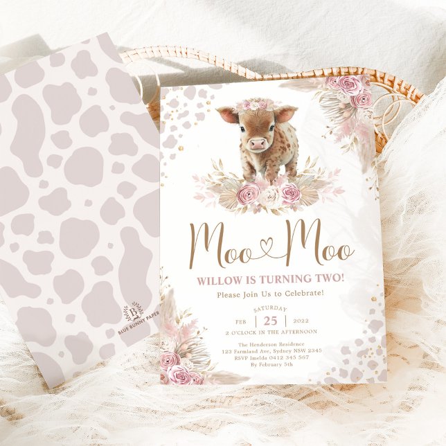 Moo Moo Pink Boho Cow Pampas Grass 2nd Birthday Invitation (Creator Uploaded)