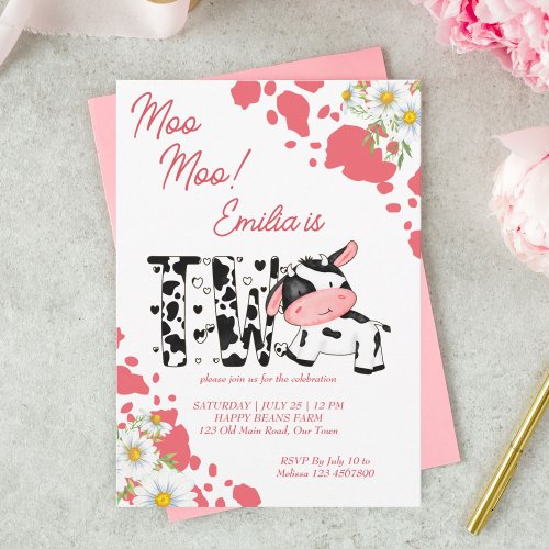 Moo moo pink pattern cute cow birthday party invitation