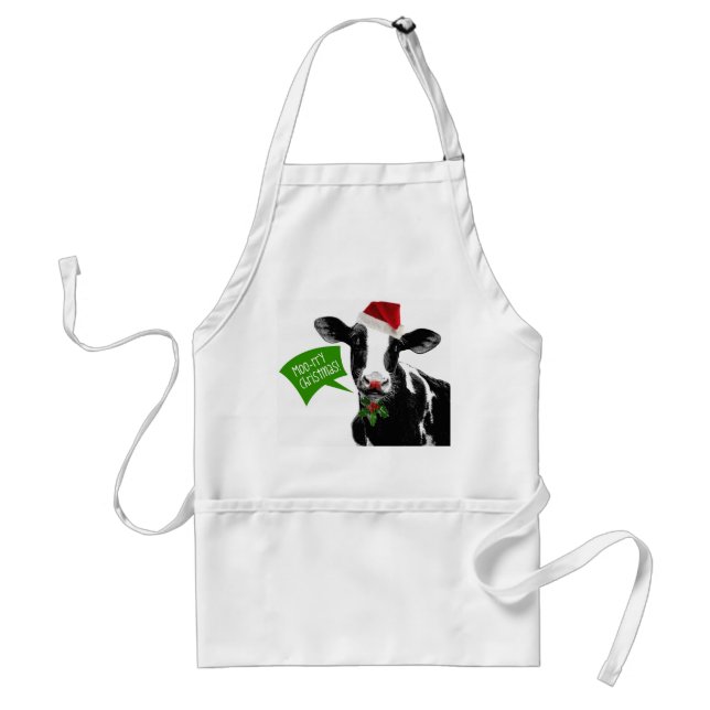 Moo rry Christmas! Funny Holiday Cow in Santa Hat Adult Apron (Front)