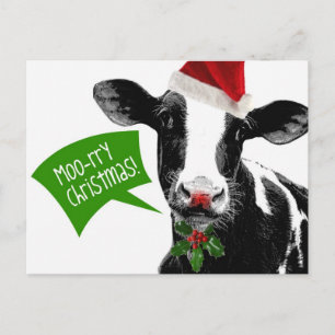 Moo rry Christmas! Funny Holiday Cow in Santa Hat Postcard