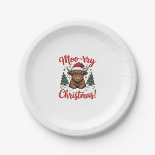 Moo-rry Christmas Highland Cow Vintage Shirt Desig Paper Plates
