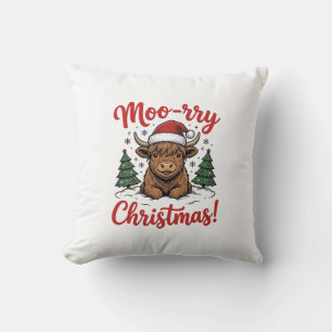 Moo-rry Christmas Highland Cow Vintage Shirt Desig Throw Pillow