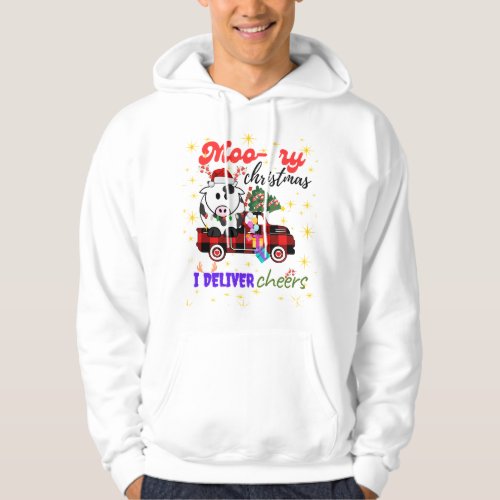 Moo-ry Christmas Cow in Plaid Truck Holiday design Hoodie
