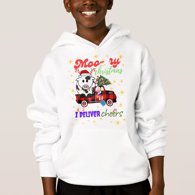 Moo-ry Christmas Cow in Plaid Truck Holiday design Hoodie (Front)