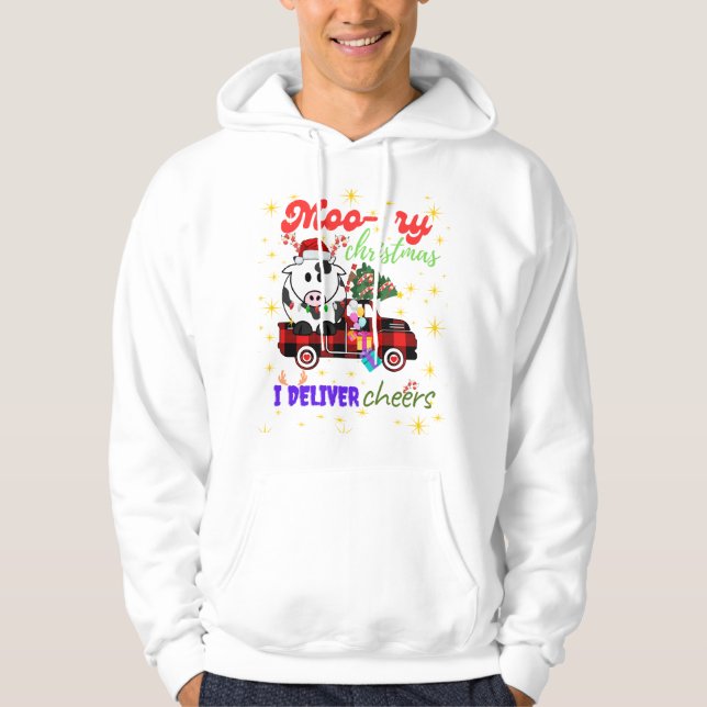 Moo-ry Christmas Cow in Plaid Truck Holiday design Hoodie (Front)