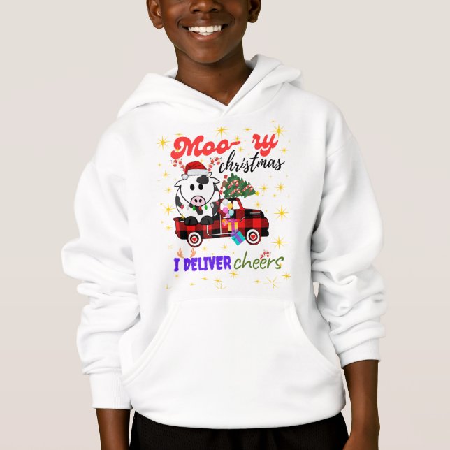 Moo-ry Christmas Cow in Plaid Truck Holiday design Hoodie (Front)
