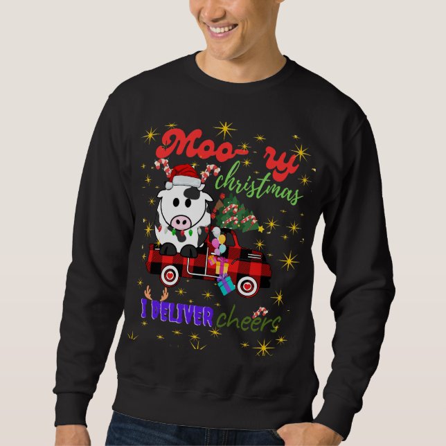 Moo-ry Christmas Cow in Plaid Truck Holiday design Sweatshirt (Front)