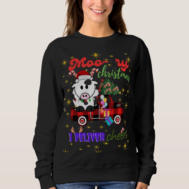 Moo-ry Christmas Cow in Plaid Truck Holiday design Sweatshirt (Front)