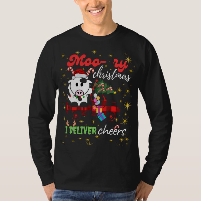 Moo-ry Christmas Cow in Plaid Truck Holiday design T-Shirt (Front)