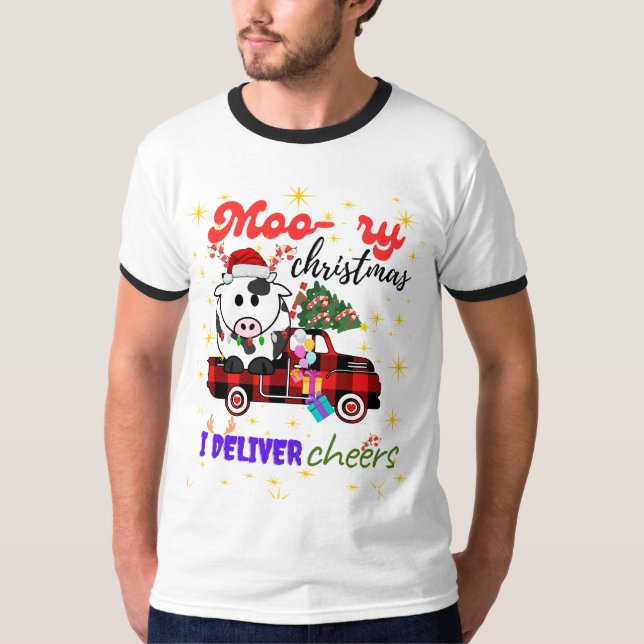 Moo-ry Christmas Cow in Plaid Truck Holiday design T-Shirt (Front)