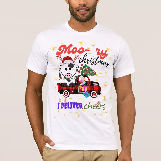 Moo-ry Christmas Cow in Plaid Truck Holiday design T-Shirt (Front)