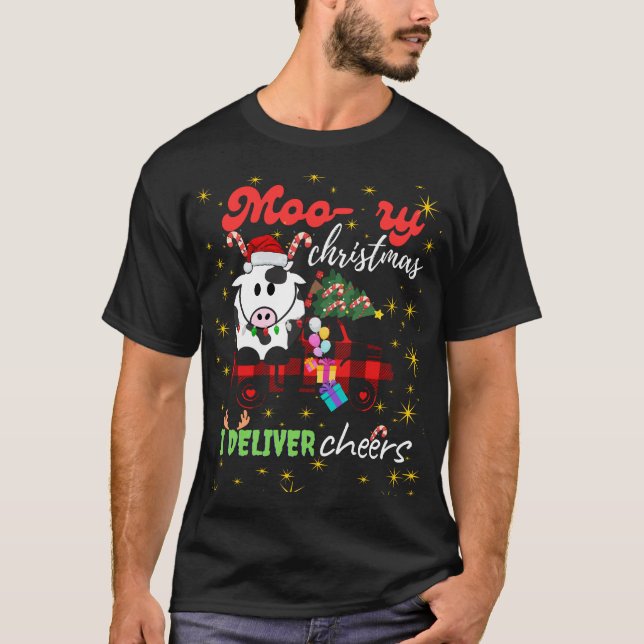 Moo-ry Christmas Cow in Plaid Truck Holiday design T-Shirt (Front)