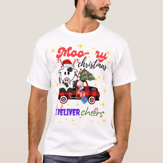 Moo-ry Christmas Cow in Plaid Truck Holiday design T-Shirt (Front)