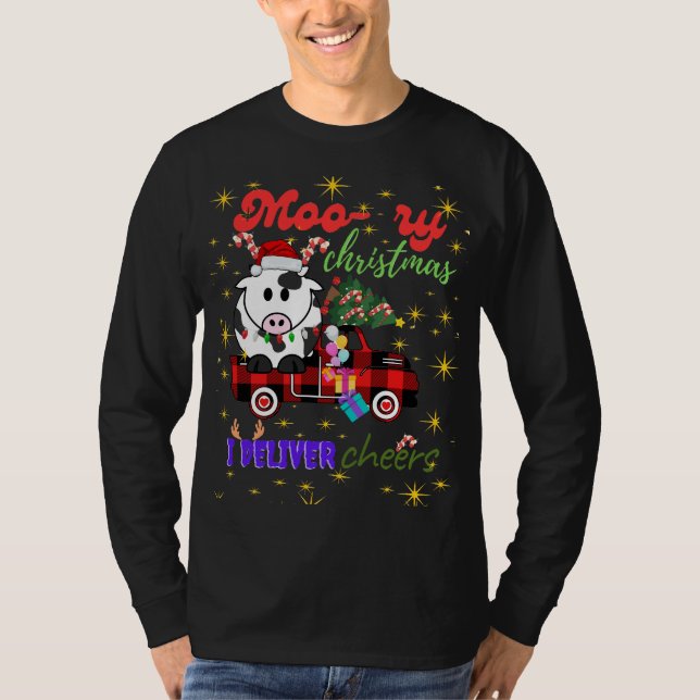 Moo-ry Christmas Cow in Plaid Truck Holiday design T-Shirt (Front)