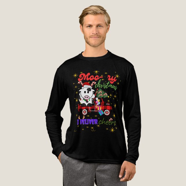 Moo-ry Christmas Cow in Plaid Truck Holiday design Tri-Blend Shirt (Full Front)