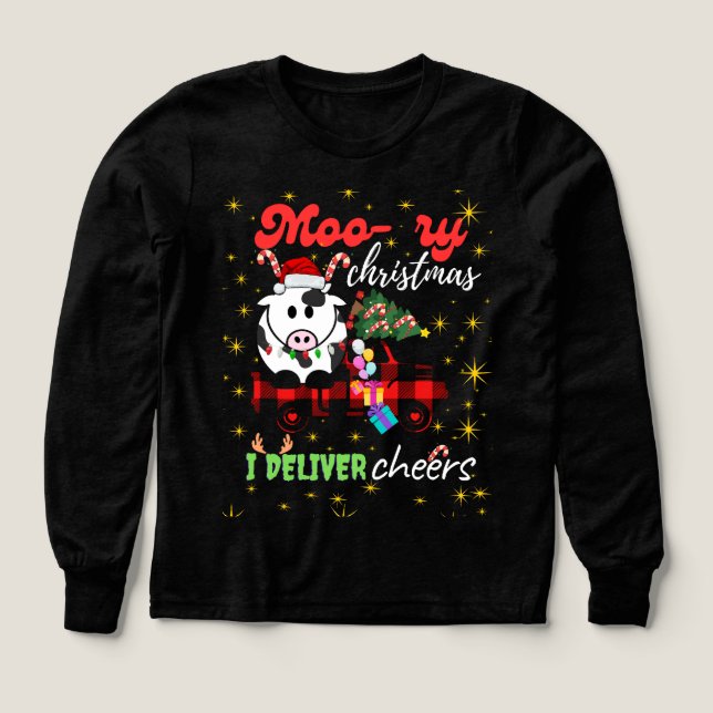 Moo-ry Christmas Cow in Plaid Truck Holiday design Tri-Blend Shirts (Design Front)