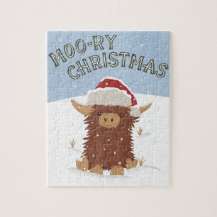 Moo-ry Christmas cute shaggy Highland cow Santa Jigsaw Puzzle