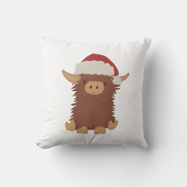 Moo-ry Christmas cute shaggy Highland cow Santa Throw Pillow (Front)