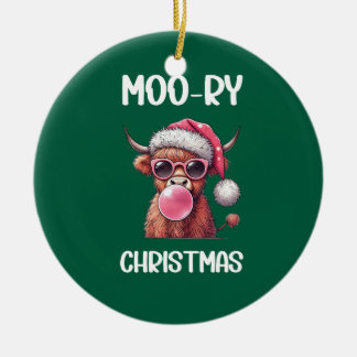 Moo-ry Christmas Scottish Higland Cow Ceramic Ornament